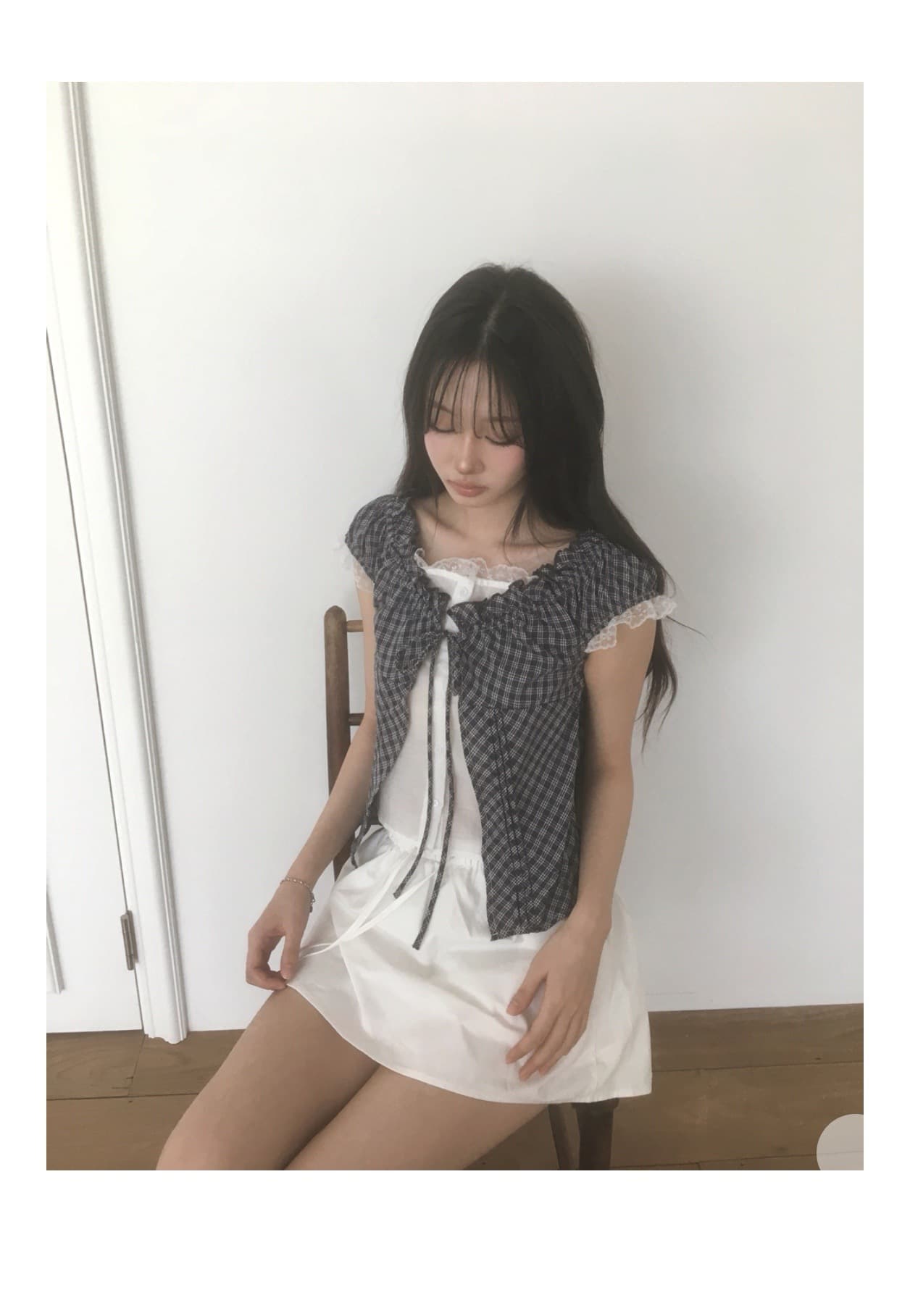 재고 있음 chic 한 부서 단색 행침 목 슬립 코디 펌프 Pleat 체크무늬 셔츠 오픈 가디건 상세 이미지 18