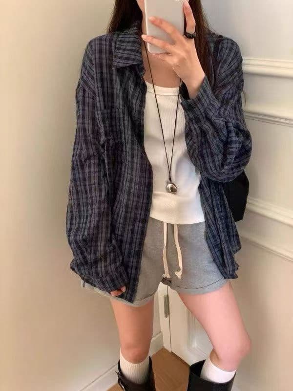 재고 있음 chic 새로운 레트로 체크무늬 여성 셔츠 루즈핏 캐주얼 다용도 긴팔 셔츠 상세 이미지 6
