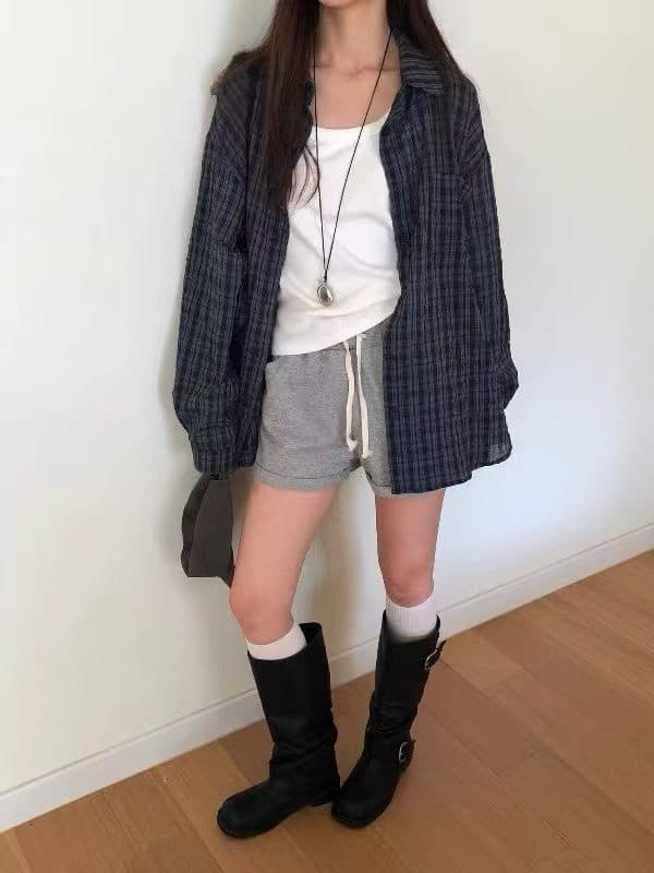 재고 있음 chic 새로운 레트로 체크무늬 여성 셔츠 루즈핏 캐주얼 다용도 긴팔 셔츠 상세 이미지 7