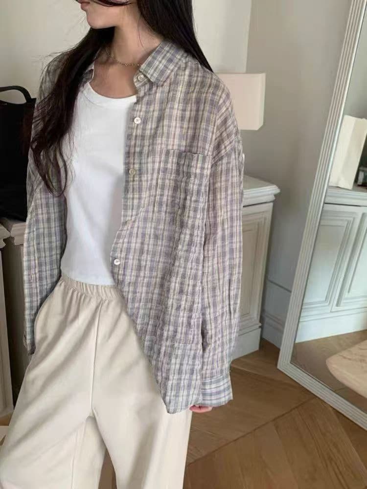 재고 있음 chic 새로운 레트로 체크무늬 여성 셔츠 루즈핏 캐주얼 다용도 긴팔 셔츠 상세 이미지 9