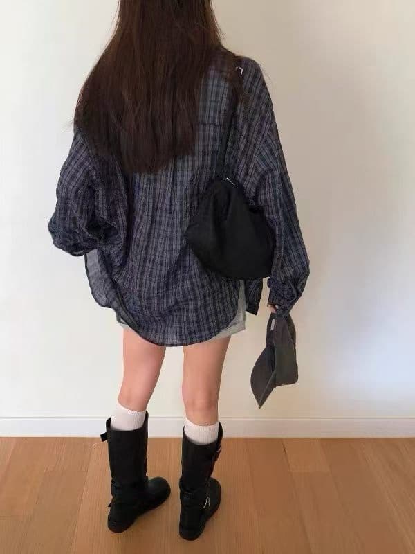 재고 있음 chic 새로운 레트로 체크무늬 여성 셔츠 루즈핏 캐주얼 다용도 긴팔 셔츠 상세 이미지 12