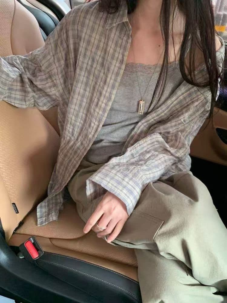 재고 있음 chic 새로운 레트로 체크무늬 여성 셔츠 루즈핏 캐주얼 다용도 긴팔 셔츠 상세 이미지 14