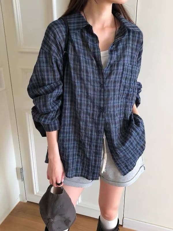 재고 있음 chic 새로운 레트로 체크무늬 여성 셔츠 루즈핏 캐주얼 다용도 긴팔 셔츠 상세 이미지 16