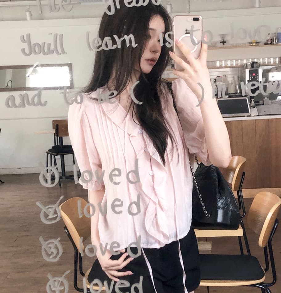 chic 달콤함 낭만주의 연령 감소 프릴 물결무늬 칼라 플리츠 레이스업 마이크로 ~을 통해 이중층 반팔 여성 셔츠 상세 이미지 1