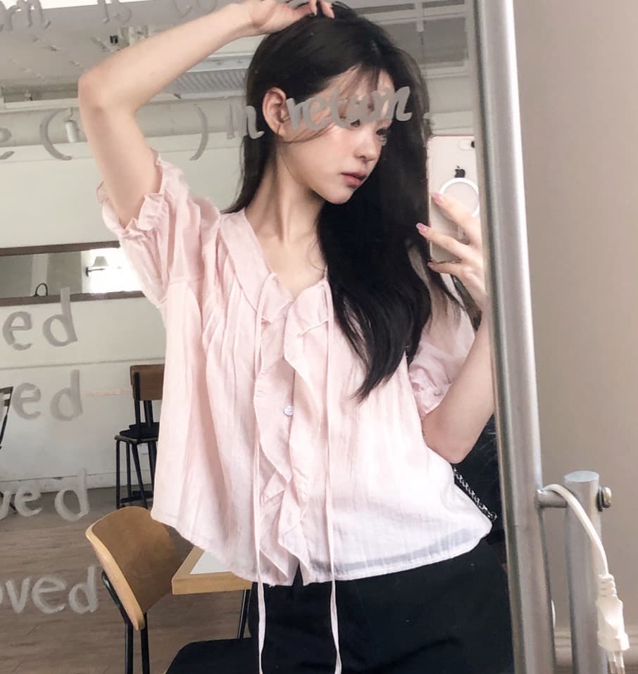 chic 달콤함 낭만주의 연령 감소 프릴 물결무늬 칼라 플리츠 레이스업 마이크로 ~을 통해 이중층 반팔 여성 셔츠 상세 이미지 2