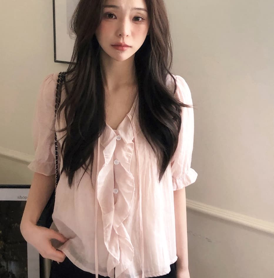 chic 달콤함 낭만주의 연령 감소 프릴 물결무늬 칼라 플리츠 레이스업 마이크로 ~을 통해 이중층 반팔 여성 셔츠 상세 이미지 4