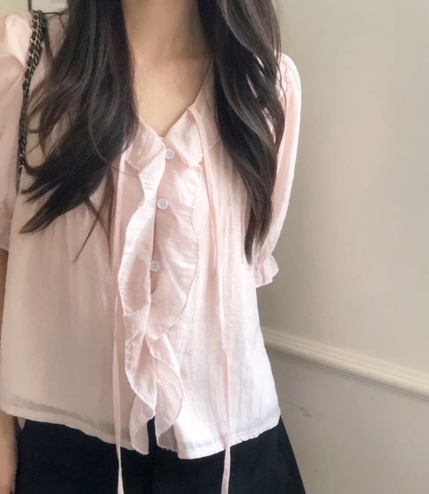 chic 달콤함 낭만주의 연령 감소 프릴 물결무늬 칼라 플리츠 레이스업 마이크로 ~을 통해 이중층 반팔 여성 셔츠 상세 이미지 5