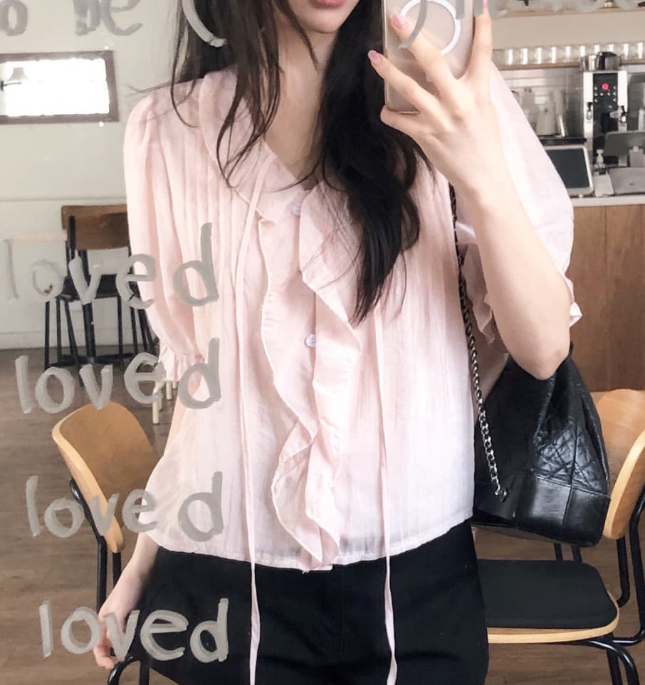 chic 달콤함 낭만주의 연령 감소 프릴 물결무늬 칼라 플리츠 레이스업 마이크로 ~을 통해 이중층 반팔 여성 셔츠 상세 이미지 8