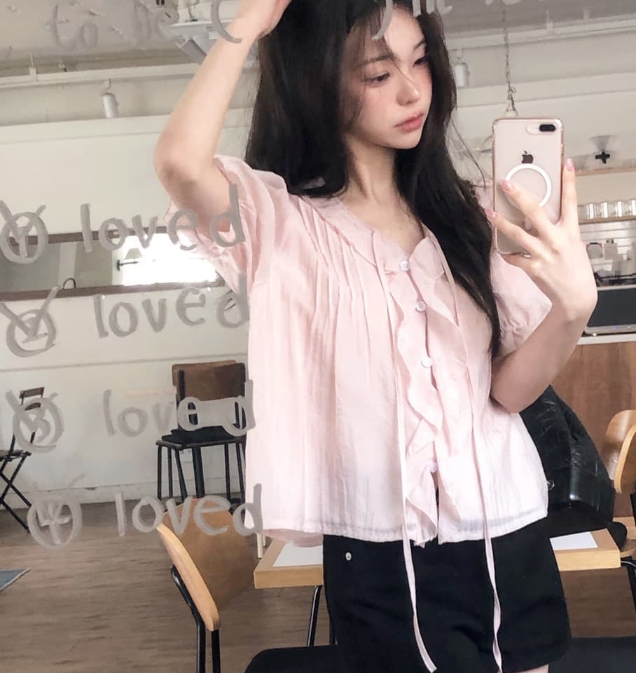 chic 달콤함 낭만주의 연령 감소 프릴 물결무늬 칼라 플리츠 레이스업 마이크로 ~을 통해 이중층 반팔 여성 셔츠 상세 이미지 9