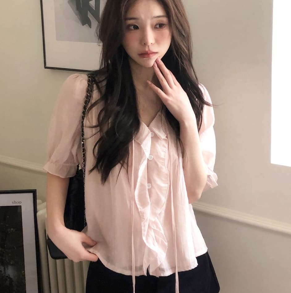 chic 달콤함 낭만주의 연령 감소 프릴 물결무늬 칼라 플리츠 레이스업 마이크로 ~을 통해 이중층 반팔 여성 셔츠 상세 이미지 12