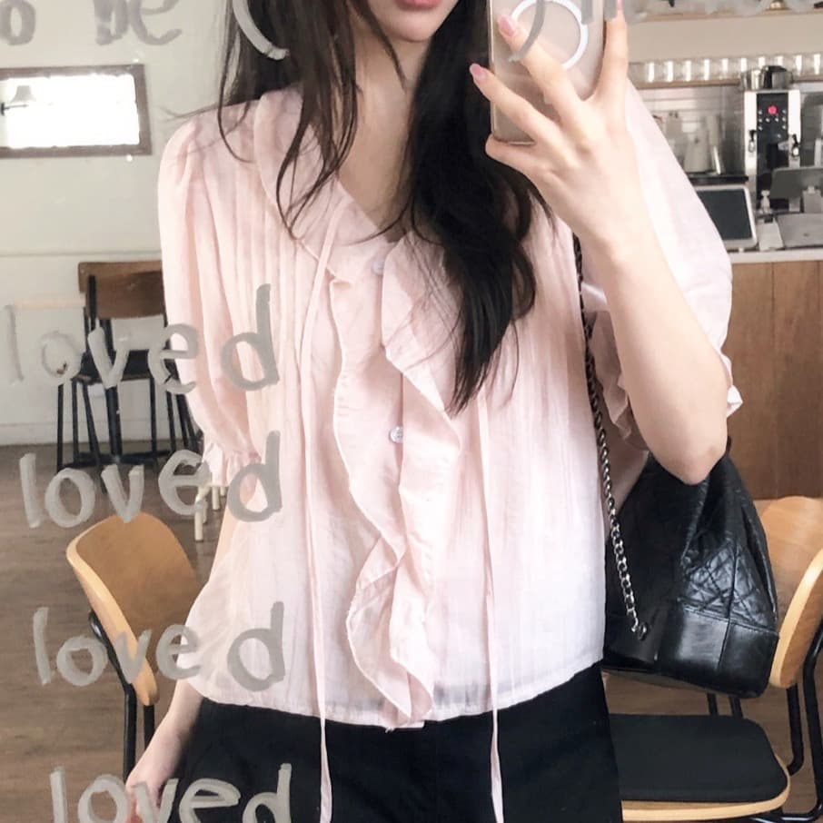 chic 달콤함 낭만주의 연령 감소 프릴 물결무늬 칼라 플리츠 레이스업 마이크로 ~을 통해 이중층 반팔 여성 셔츠 상세 이미지 13