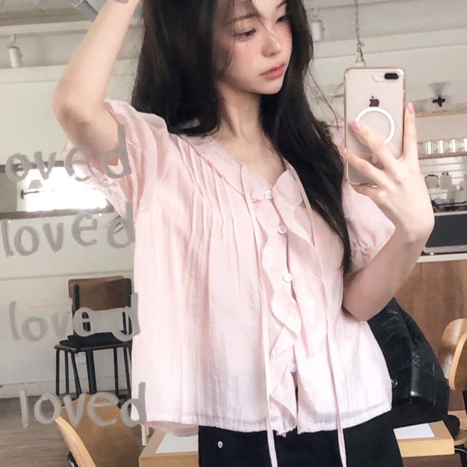 chic 달콤함 낭만주의 연령 감소 프릴 물결무늬 칼라 플리츠 레이스업 마이크로 ~을 통해 이중층 반팔 여성 셔츠 상세 이미지 14