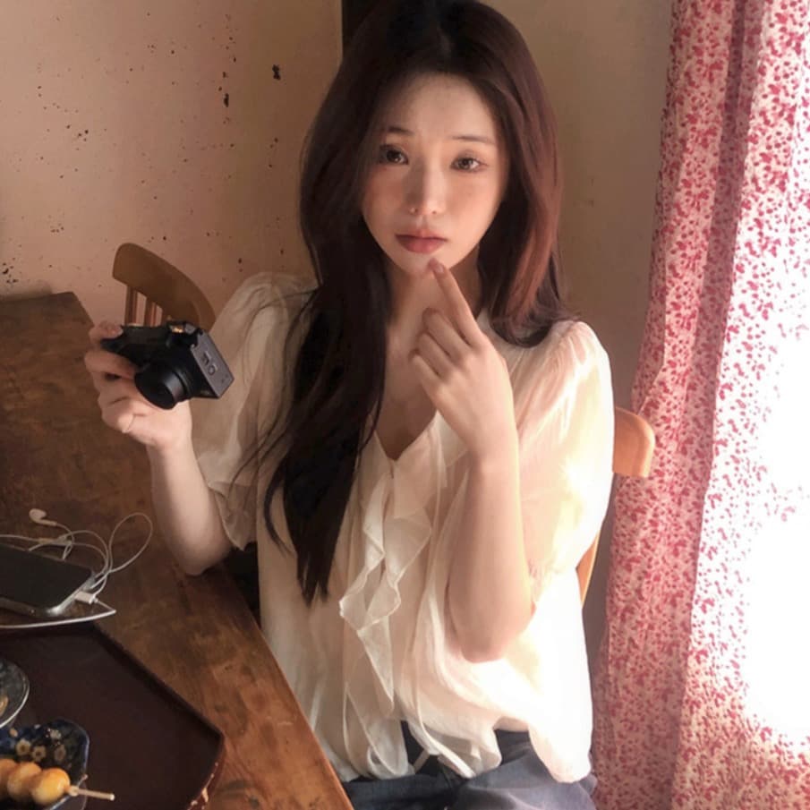 chic 달콤함 낭만주의 연령 감소 프릴 물결무늬 칼라 플리츠 레이스업 마이크로 ~을 통해 이중층 반팔 여성 셔츠 상세 이미지 15