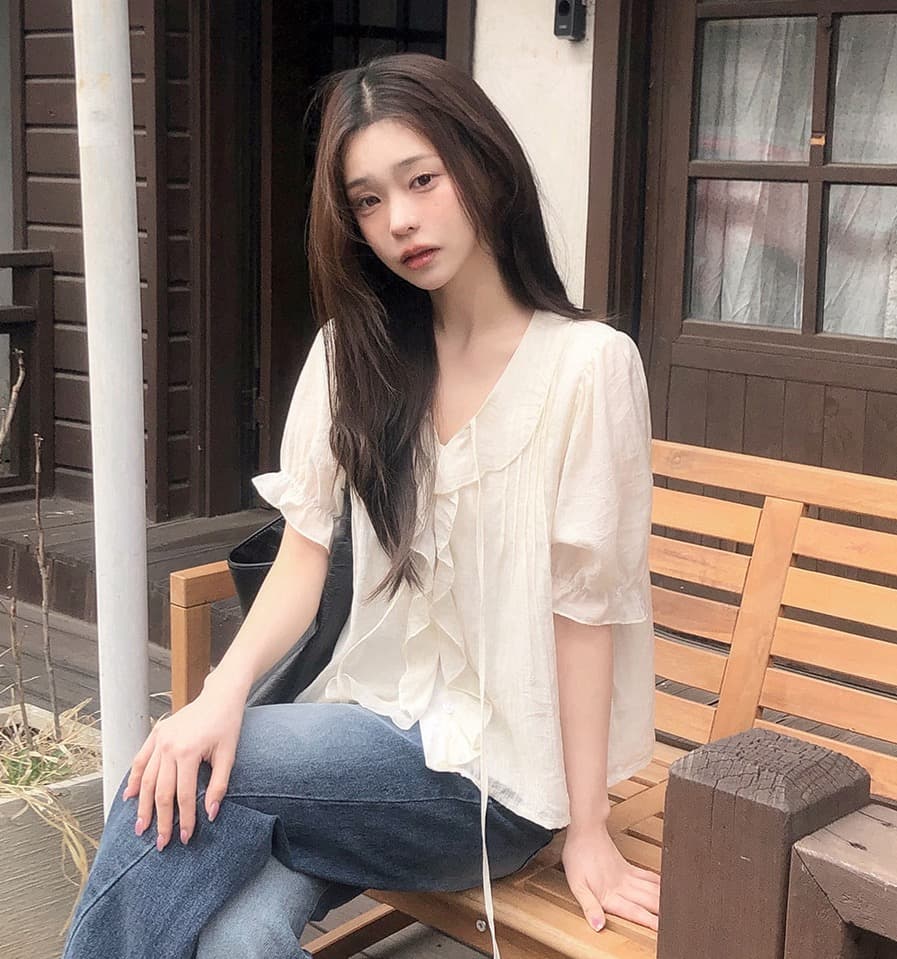 chic 달콤함 낭만주의 연령 감소 프릴 물결무늬 칼라 플리츠 레이스업 마이크로 ~을 통해 이중층 반팔 여성 셔츠 상세 이미지 16