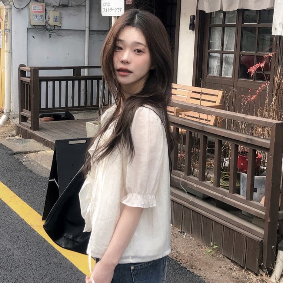 chic 달콤함 낭만주의 연령 감소 프릴 물결무늬 칼라 플리츠 레이스업 마이크로 ~을 통해 이중층 반팔 여성 셔츠 상세 이미지 17