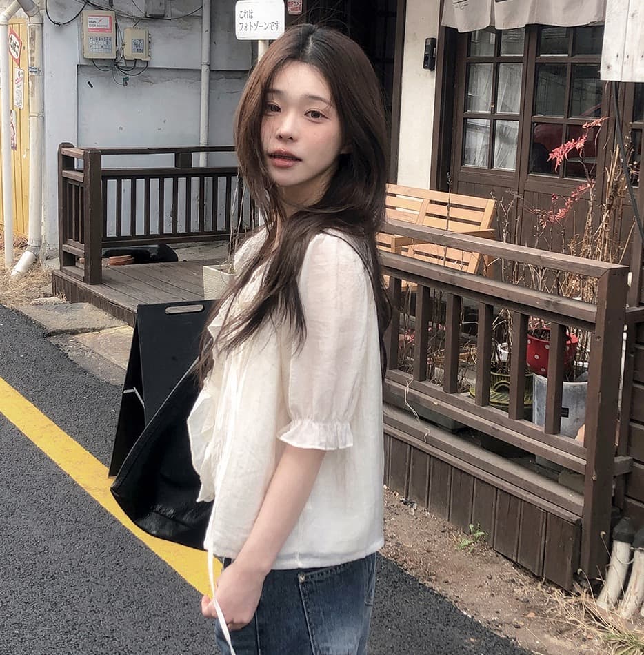 chic 달콤함 낭만주의 연령 감소 프릴 물결무늬 칼라 플리츠 레이스업 마이크로 ~을 통해 이중층 반팔 여성 셔츠 상세 이미지 18