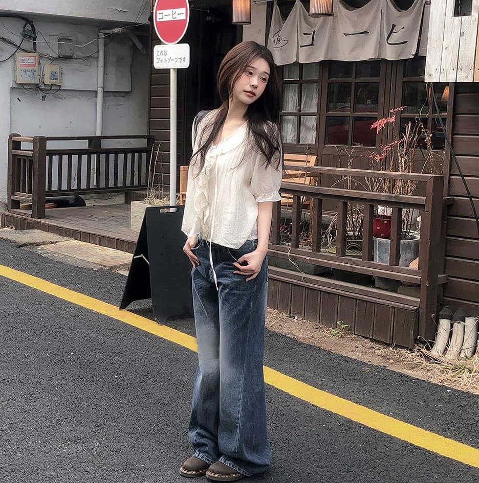 chic 달콤함 낭만주의 연령 감소 프릴 물결무늬 칼라 플리츠 레이스업 마이크로 ~을 통해 이중층 반팔 여성 셔츠 상세 이미지 19