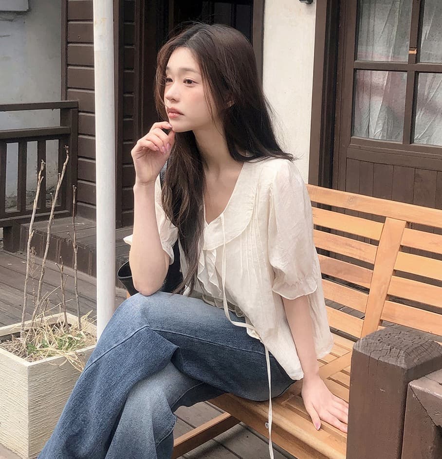 chic 달콤함 낭만주의 연령 감소 프릴 물결무늬 칼라 플리츠 레이스업 마이크로 ~을 통해 이중층 반팔 여성 셔츠 상세 이미지 20
