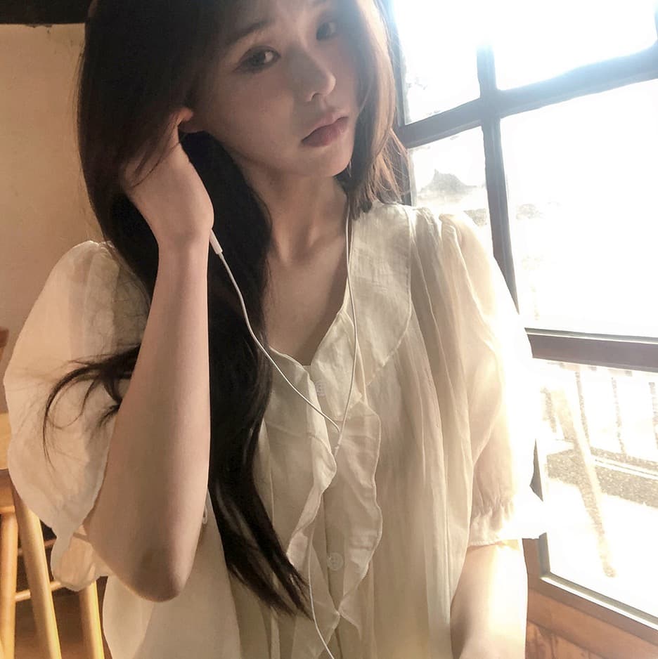 chic 달콤함 낭만주의 연령 감소 프릴 물결무늬 칼라 플리츠 레이스업 마이크로 ~을 통해 이중층 반팔 여성 셔츠 상세 이미지 22