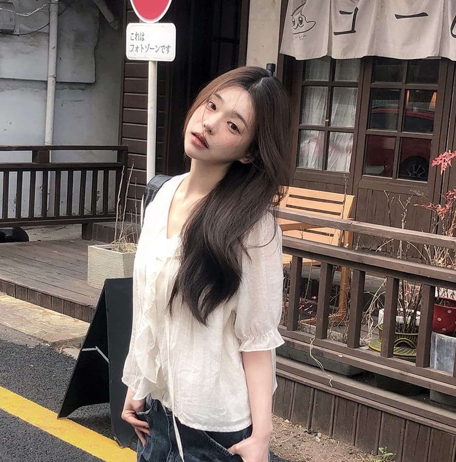 chic 달콤함 낭만주의 연령 감소 프릴 물결무늬 칼라 플리츠 레이스업 마이크로 ~을 통해 이중층 반팔 여성 셔츠 상세 이미지 24