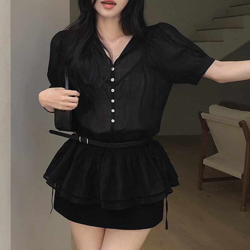 재고 있음 한 부서 ins 부드러운 바람 하이웨이스트 펌프 로프 쇼트 스타일 반팔 셔츠 한 마디 드레스 이미지 2