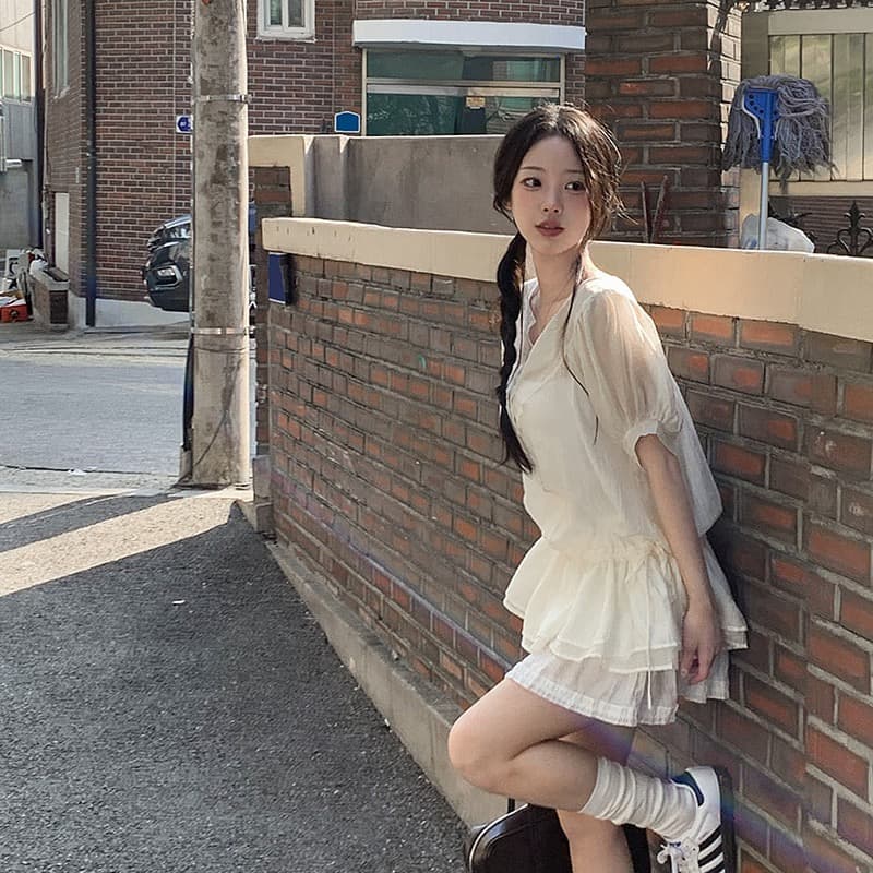 재고 있음 한 부서 ins 부드러운 바람 하이웨이스트 펌프 로프 쇼트 스타일 반팔 셔츠 한 마디 드레스 상세 이미지 3