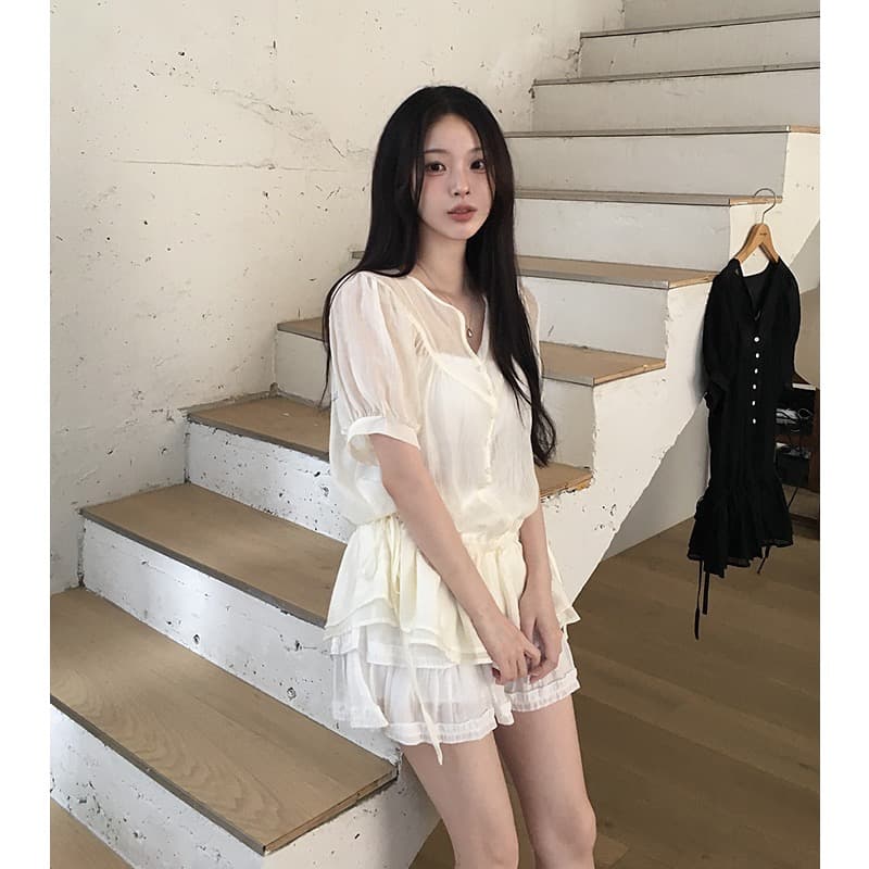 재고 있음 한 부서 ins 부드러운 바람 하이웨이스트 펌프 로프 쇼트 스타일 반팔 셔츠 한 마디 드레스 상세 이미지 4