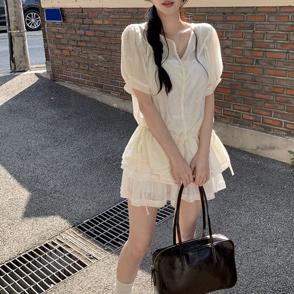재고 있음 한 부서 ins 부드러운 바람 하이웨이스트 펌프 로프 쇼트 스타일 반팔 셔츠 한 마디 드레스 상세 이미지 6