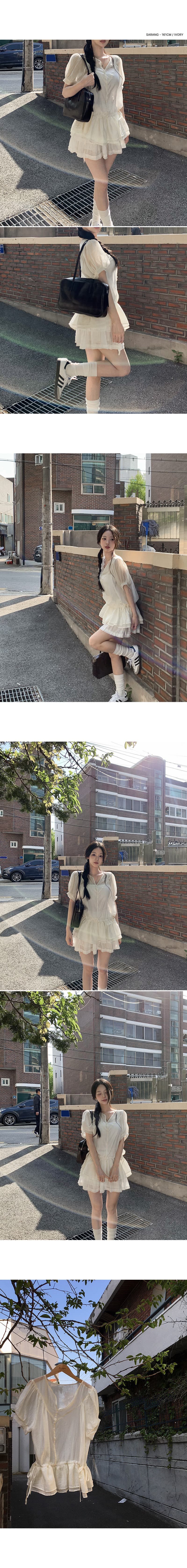 재고 있음 한 부서 ins 부드러운 바람 하이웨이스트 펌프 로프 쇼트 스타일 반팔 셔츠 한 마디 드레스 상세 이미지 8