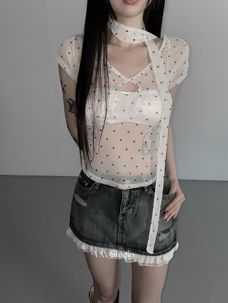 chic 도트 무늬 리본 홀로우 아웃 V넥 얇은 스타일 시스루 반팔 티셔츠 상세 이미지 6