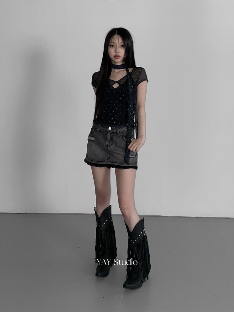 chic 도트 무늬 리본 홀로우 아웃 V넥 얇은 스타일 시스루 반팔 티셔츠 상세 이미지 8