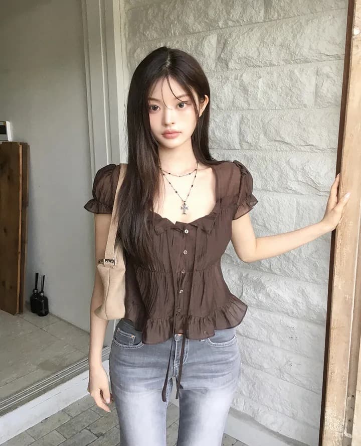 재고 있음 chic 한 부서 여름 프랑스식 달콤함 연령 감소 부드러운 프릴 주름 장식 허리 수축 반팔 쉬폰 셔츠 상세 이미지 2