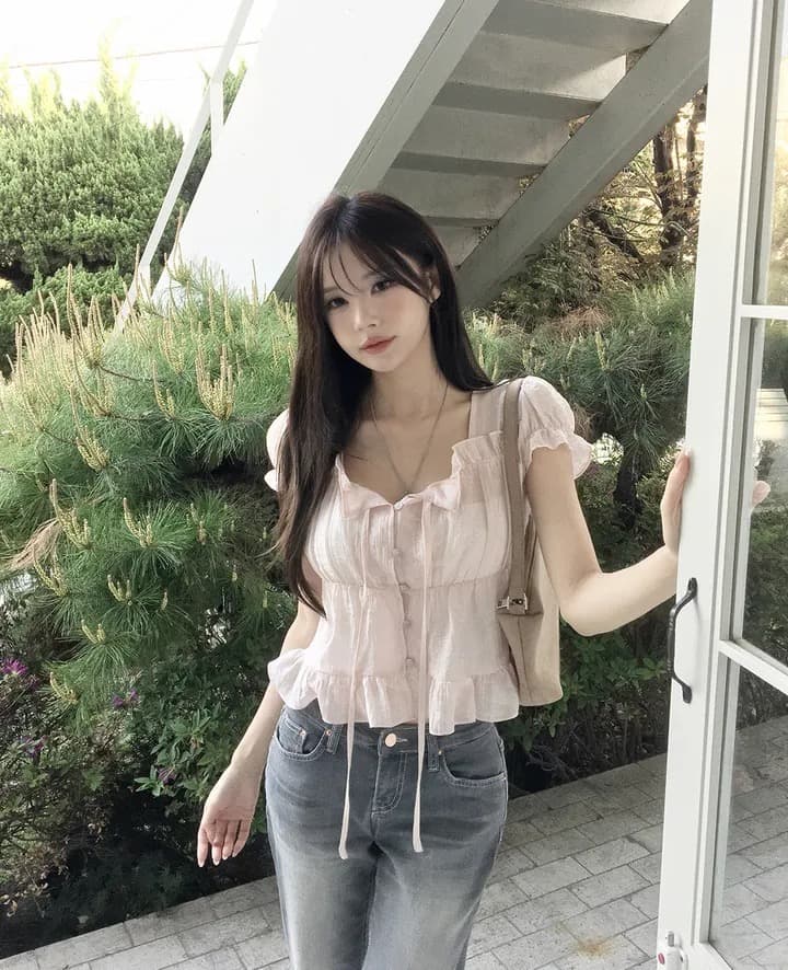 재고 있음 chic 한 부서 여름 프랑스식 달콤함 연령 감소 부드러운 프릴 주름 장식 허리 수축 반팔 쉬폰 셔츠 상세 이미지 22