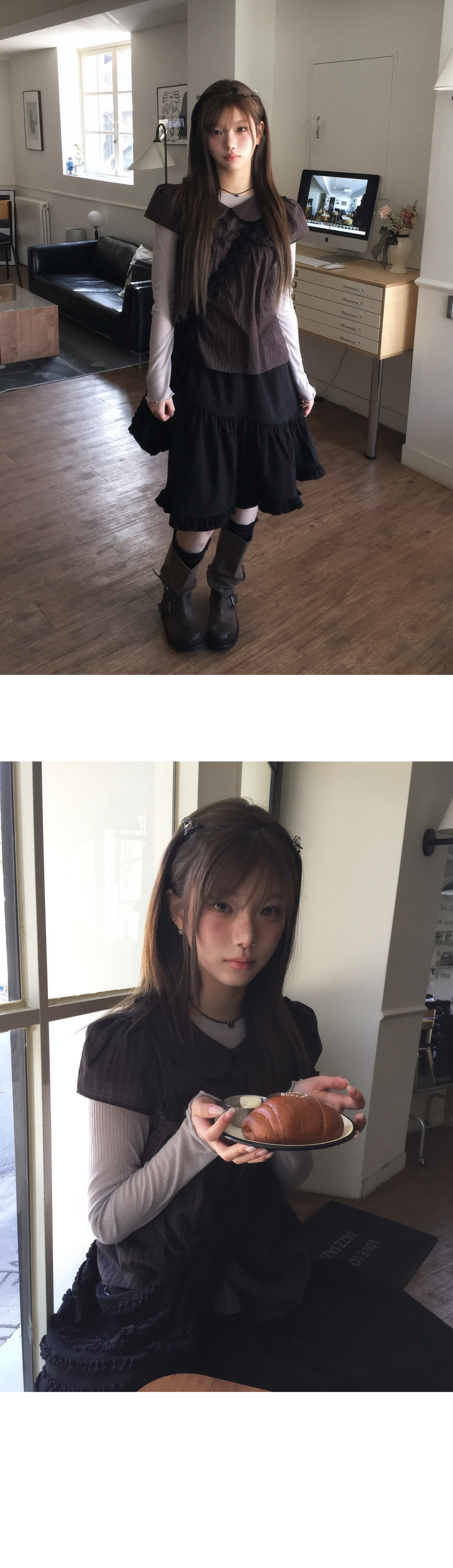 재고 있음 레트로 레이스 베이비 칼라 반팔 맨위 루즈핏 슬림해 보이는 격자 무늬 셔츠 상세 이미지 10