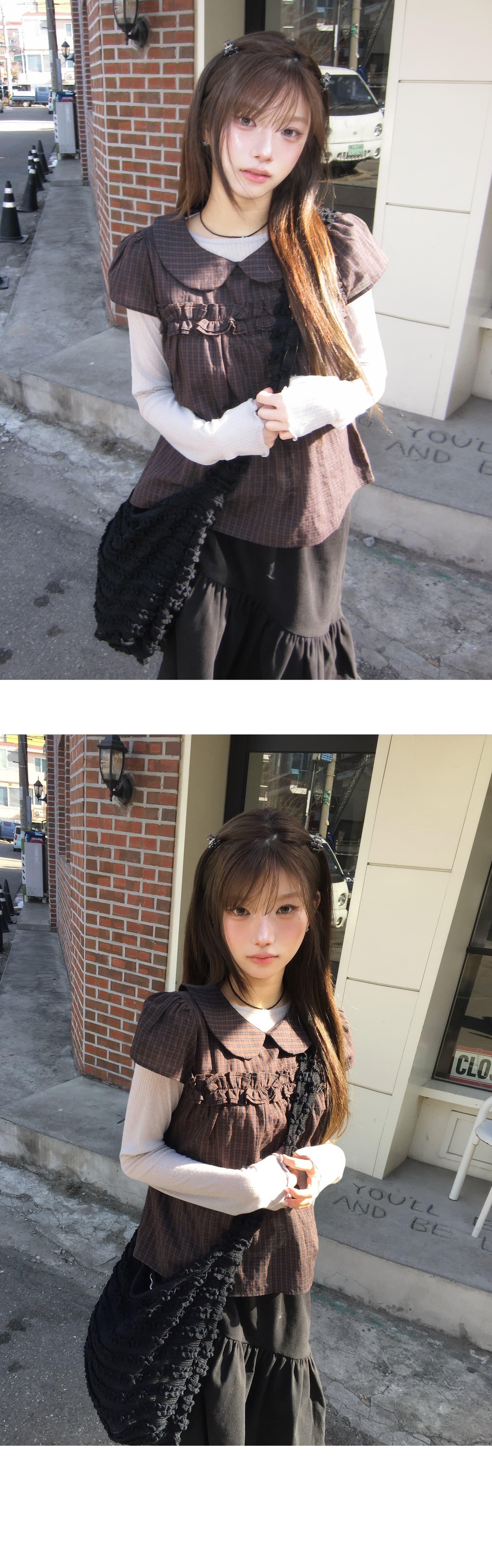 재고 있음 레트로 레이스 베이비 칼라 반팔 맨위 루즈핏 슬림해 보이는 격자 무늬 셔츠 상세 이미지 12