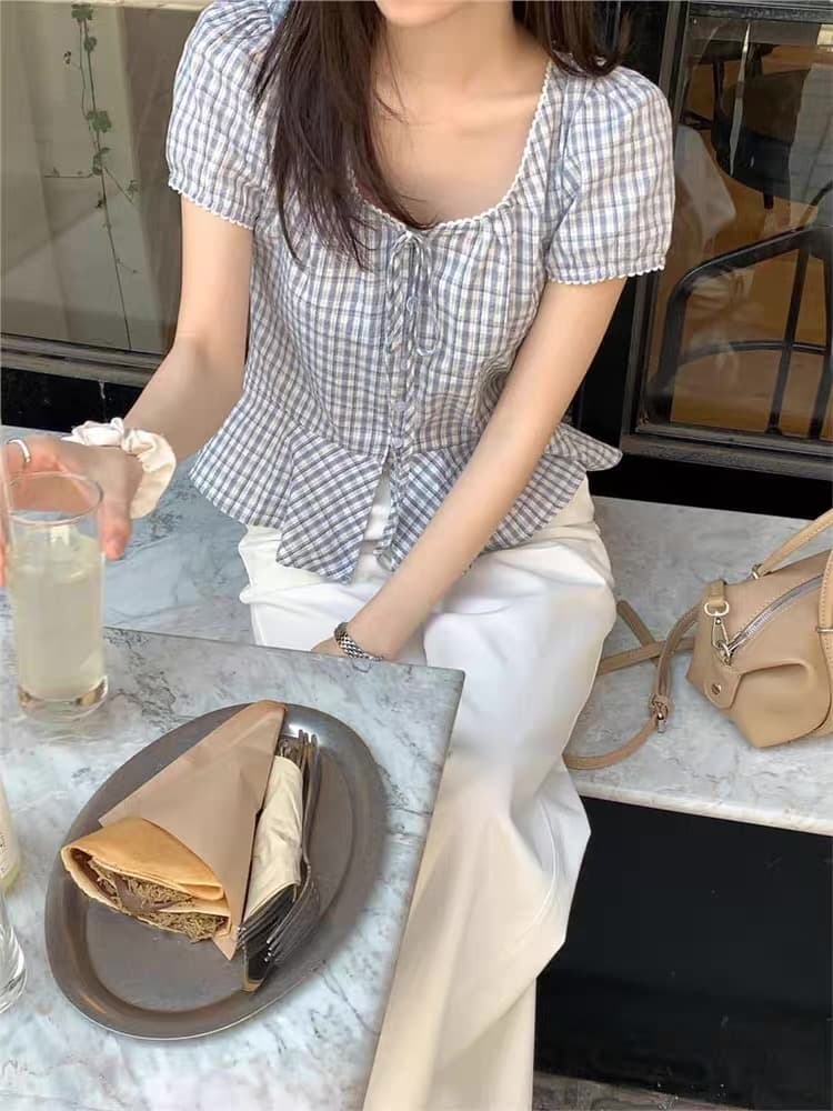 재고 있음 chic 여름 새로운 체크무늬 연꽃 잎 밑단 반팔 셔츠 상세 이미지 3