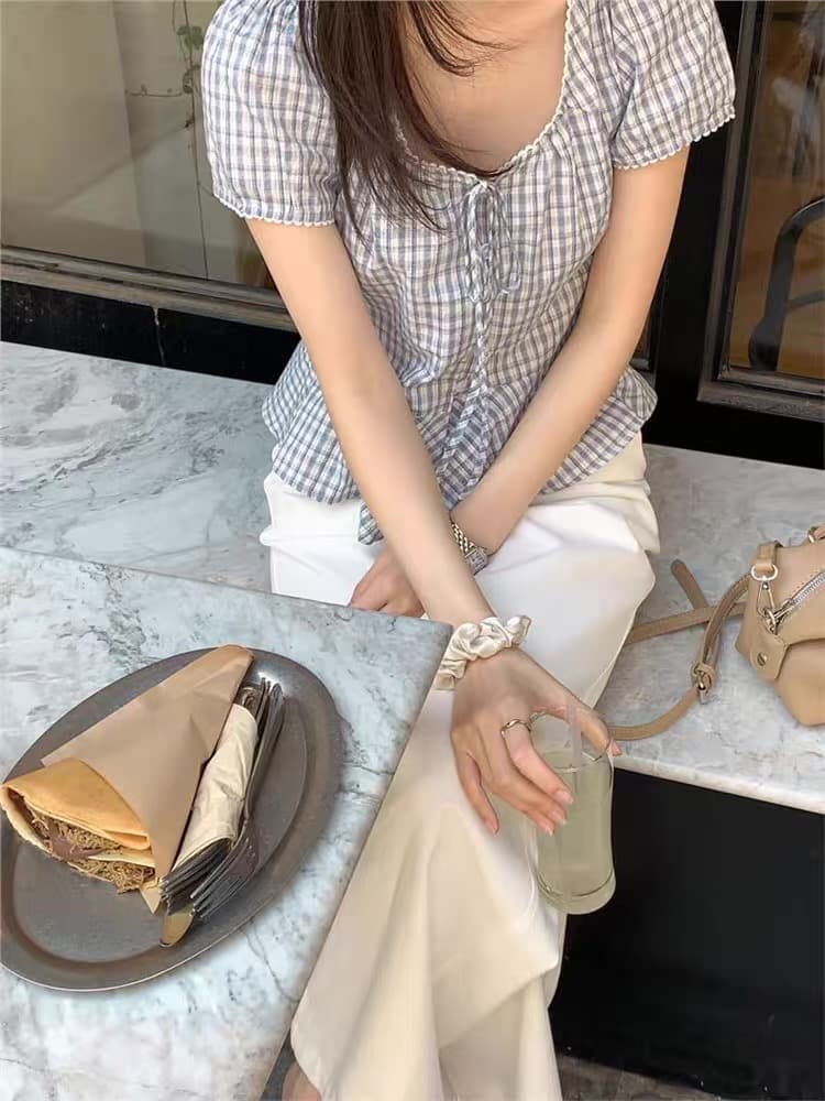 재고 있음 chic 여름 새로운 체크무늬 연꽃 잎 밑단 반팔 셔츠 상세 이미지 6
