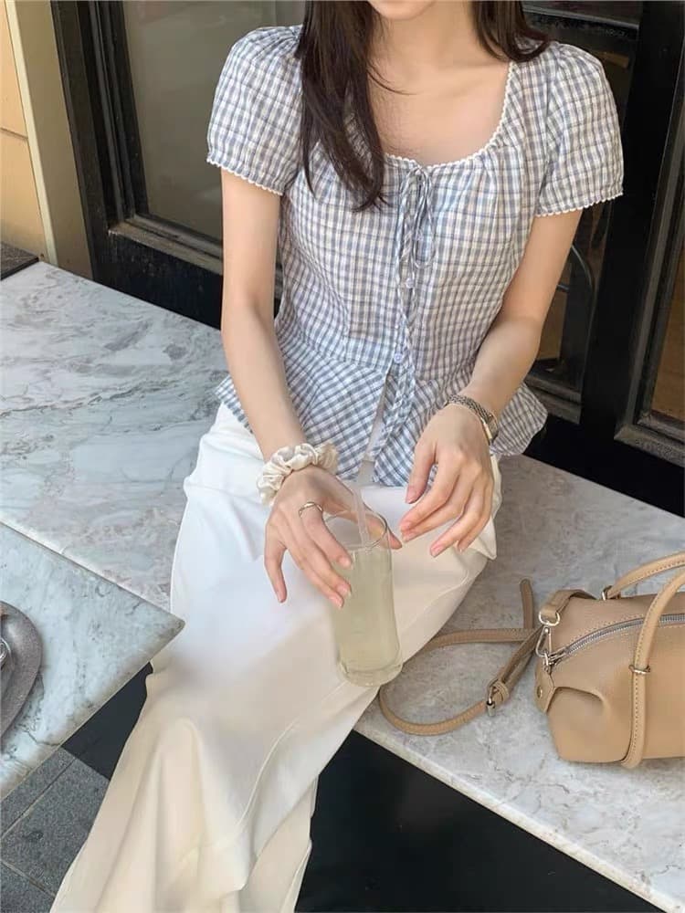 재고 있음 chic 여름 새로운 체크무늬 연꽃 잎 밑단 반팔 셔츠 상세 이미지 7