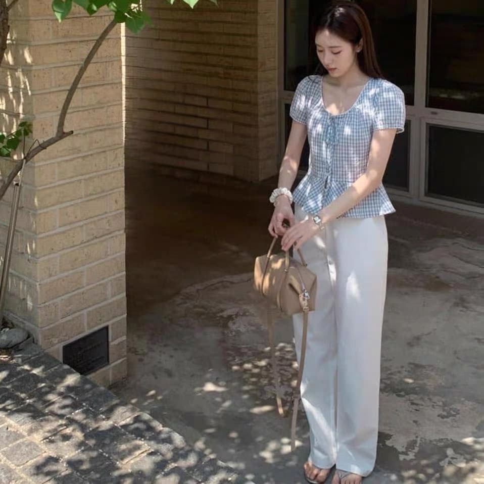 재고 있음 chic 여름 새로운 체크무늬 연꽃 잎 밑단 반팔 셔츠 상세 이미지 8