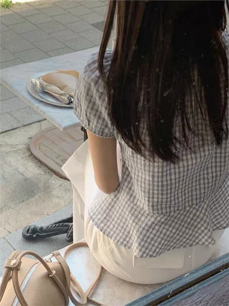 재고 있음 chic 여름 새로운 체크무늬 연꽃 잎 밑단 반팔 셔츠 상세 이미지 9