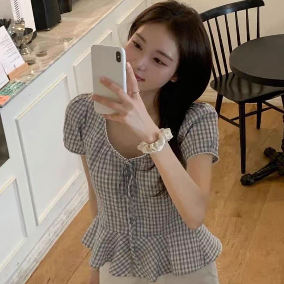 재고 있음 chic 여름 새로운 체크무늬 연꽃 잎 밑단 반팔 셔츠 이미지 3