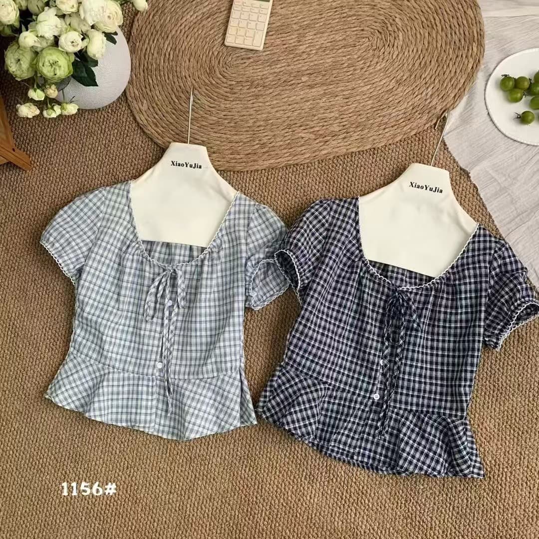 재고 있음 chic 여름 새로운 체크무늬 연꽃 잎 밑단 반팔 셔츠 이미지 4