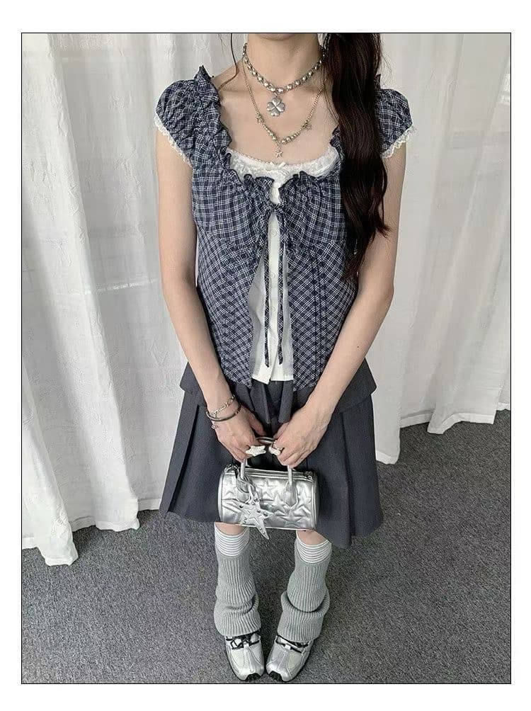 원본 재고 있음 chic 한 부서 단색 행침 목 슬립 코디 펌프 Pleat 체크무늬 셔츠 오픈 가디건
