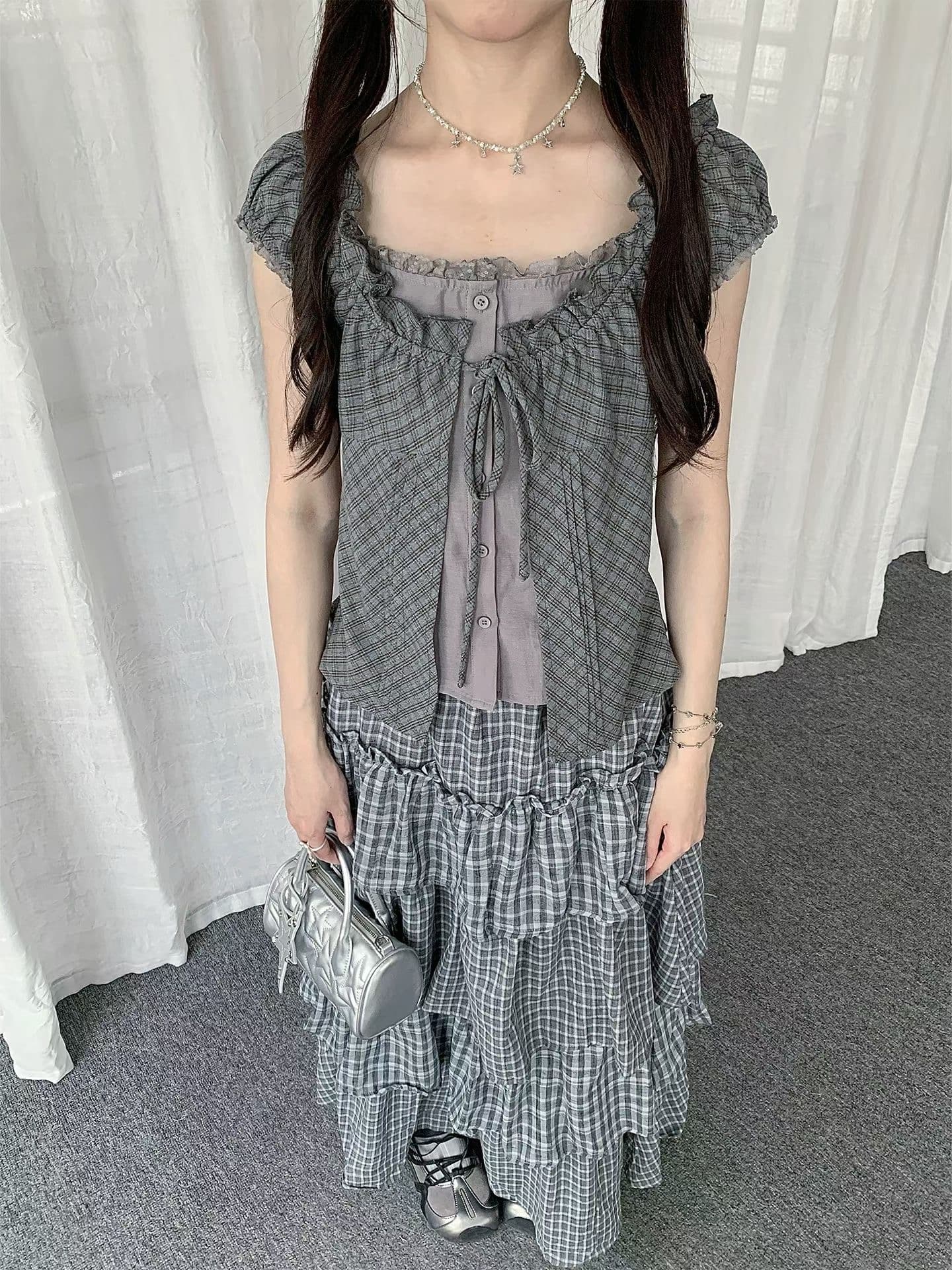 원본 재고 있음 chic 한 부서 단색 행침 목 슬립 코디 펌프 Pleat 체크무늬 셔츠 오픈 가디건 이미지 2