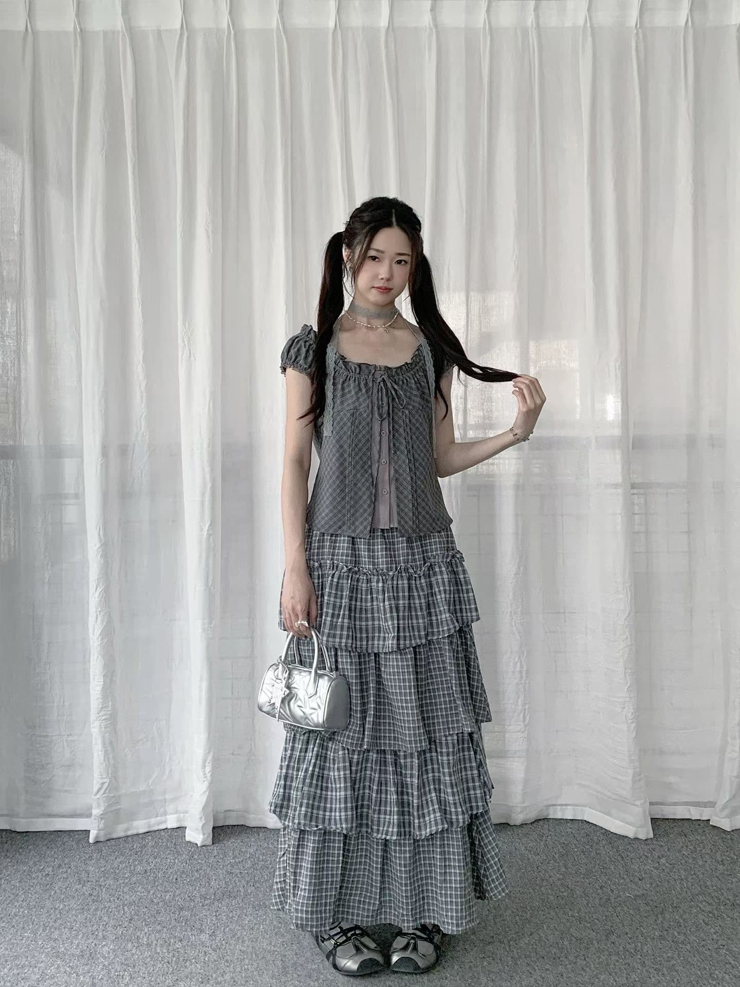 원본 재고 있음 chic 한 부서 단색 행침 목 슬립 코디 펌프 Pleat 체크무늬 셔츠 오픈 가디건 상세 이미지 2