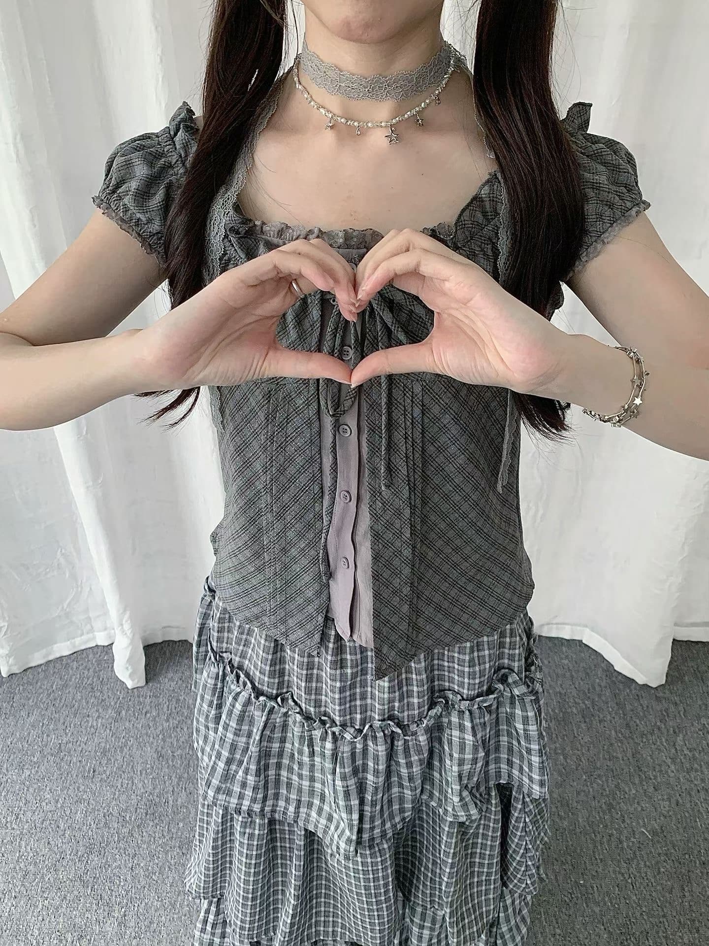 원본 재고 있음 chic 한 부서 단색 행침 목 슬립 코디 펌프 Pleat 체크무늬 셔츠 오픈 가디건 상세 이미지 3