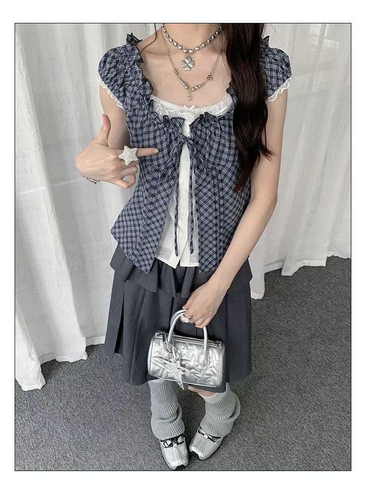 원본 재고 있음 chic 한 부서 단색 행침 목 슬립 코디 펌프 Pleat 체크무늬 셔츠 오픈 가디건 상세 이미지 4