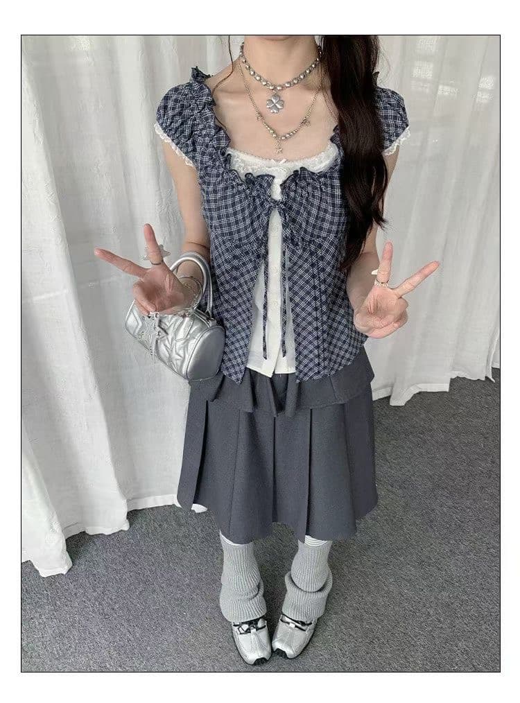 원본 재고 있음 chic 한 부서 단색 행침 목 슬립 코디 펌프 Pleat 체크무늬 셔츠 오픈 가디건 상세 이미지 6