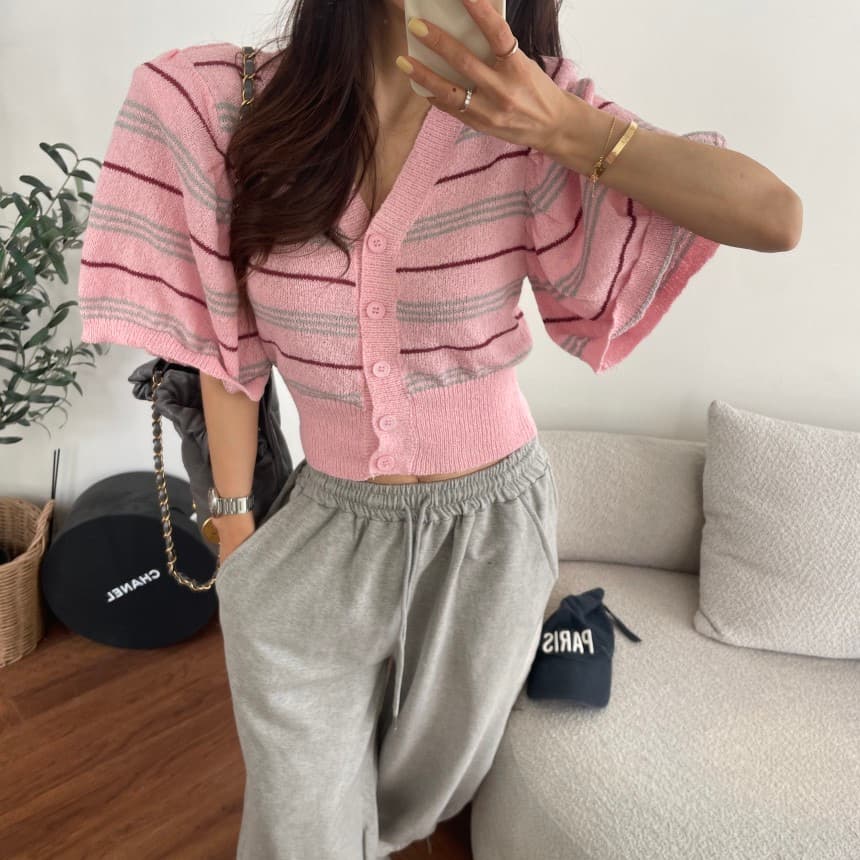 재고 있음 한국 동대문 패션 거품 소매 다용도 니트 오픈 가디건 V넥 풀오버 몸매 가꾸기 슬림해 보이는 맨위 여성 상세 이미지 1