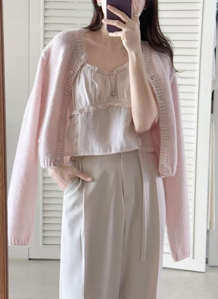 재고 있음 미니멀리즘 달콤함 부드러운 목이버섯 레이스 칼라 주름 디자인 슬립 작은 조끼 이미지 4
